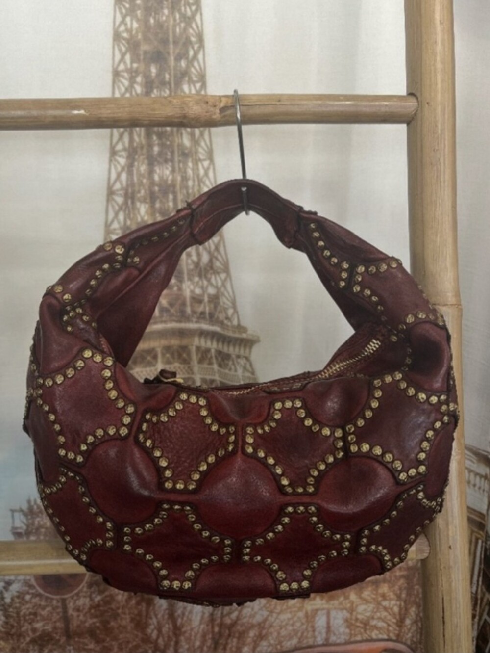 Studded Burgundy Leather Hobo Bag - Picture 3 of 3